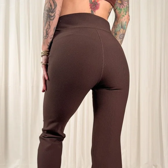Brown Flare Leggings High Rise Ribbed Yoga Pants Bootcut Activewear M/L - Picture 3 of 6